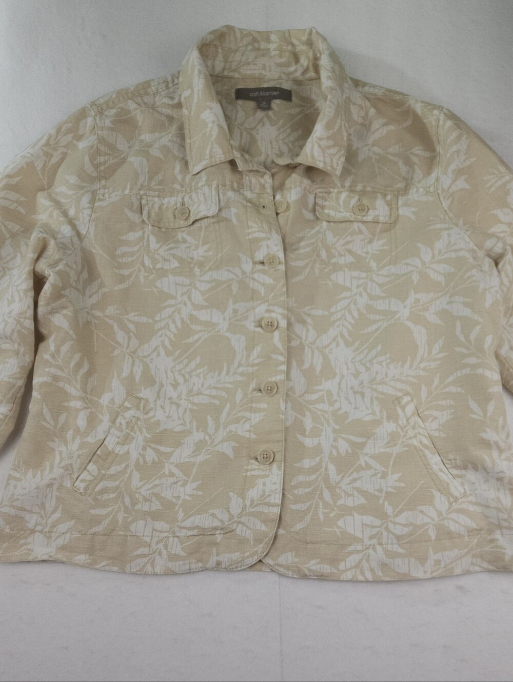 Croft & Barrow Women's Button-Up Jacket Beige/White Leaves Linen Blend Size XL